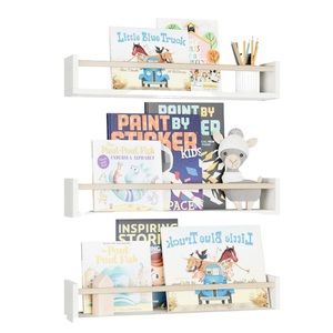 NEW! 16.5 Inch Floating Wall Bookshelves Set of 3 Solid Wood White and Natural